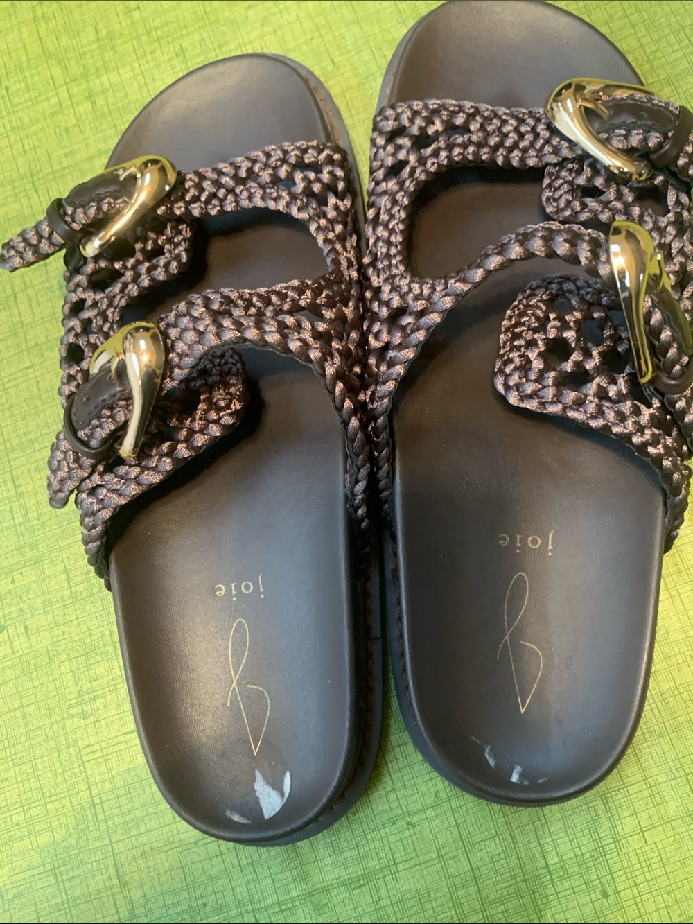 Joie Braided Double-Buckle Slide Sandals in Dark Brown with Gold Buckles